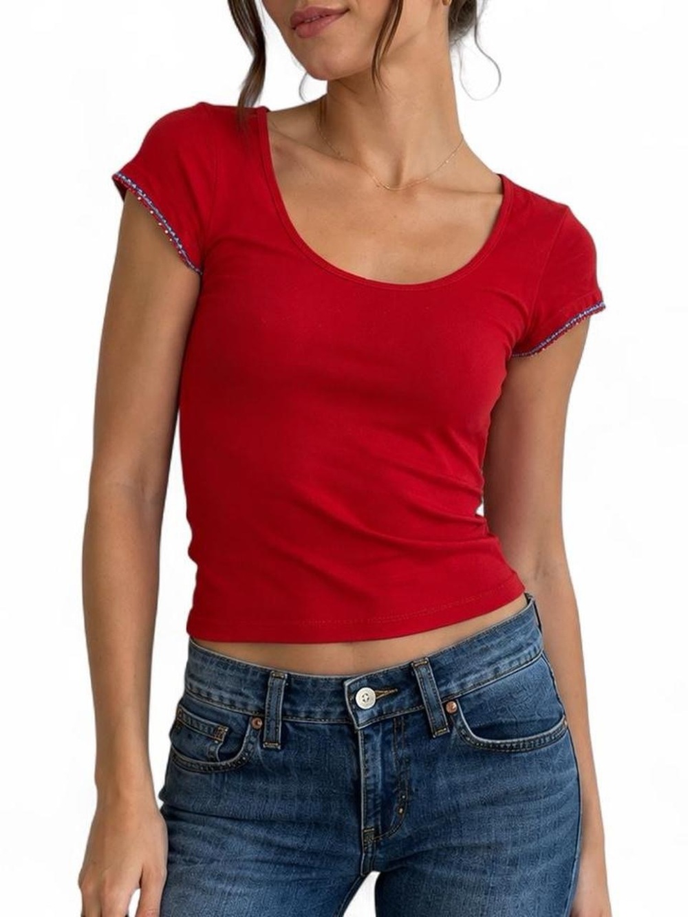 Y2K French Connection Red Baby Tee Beaded Trim – Size Small